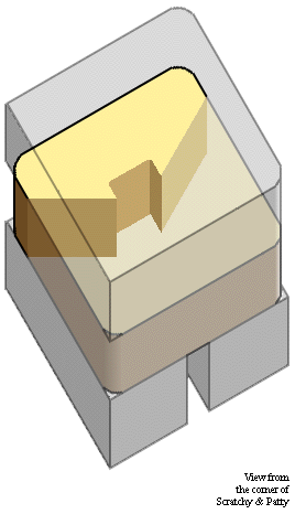 [posts exhibit colored; second floor faded; rest of building grey]